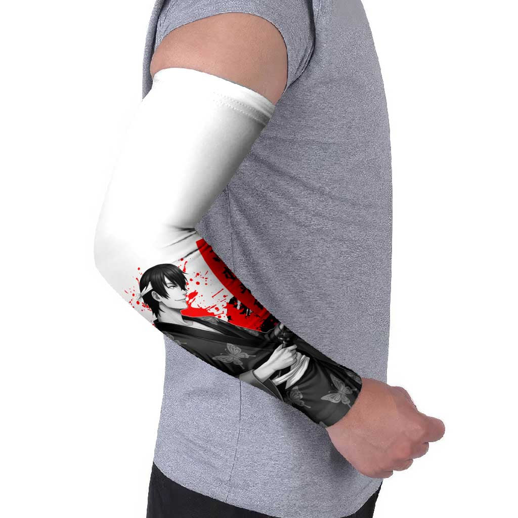 Shinsuke Takasugi Gintama Samurai Design Arm Sleeves with Katana, Red Calligraphy and Oni Mask Art - The Mazicc