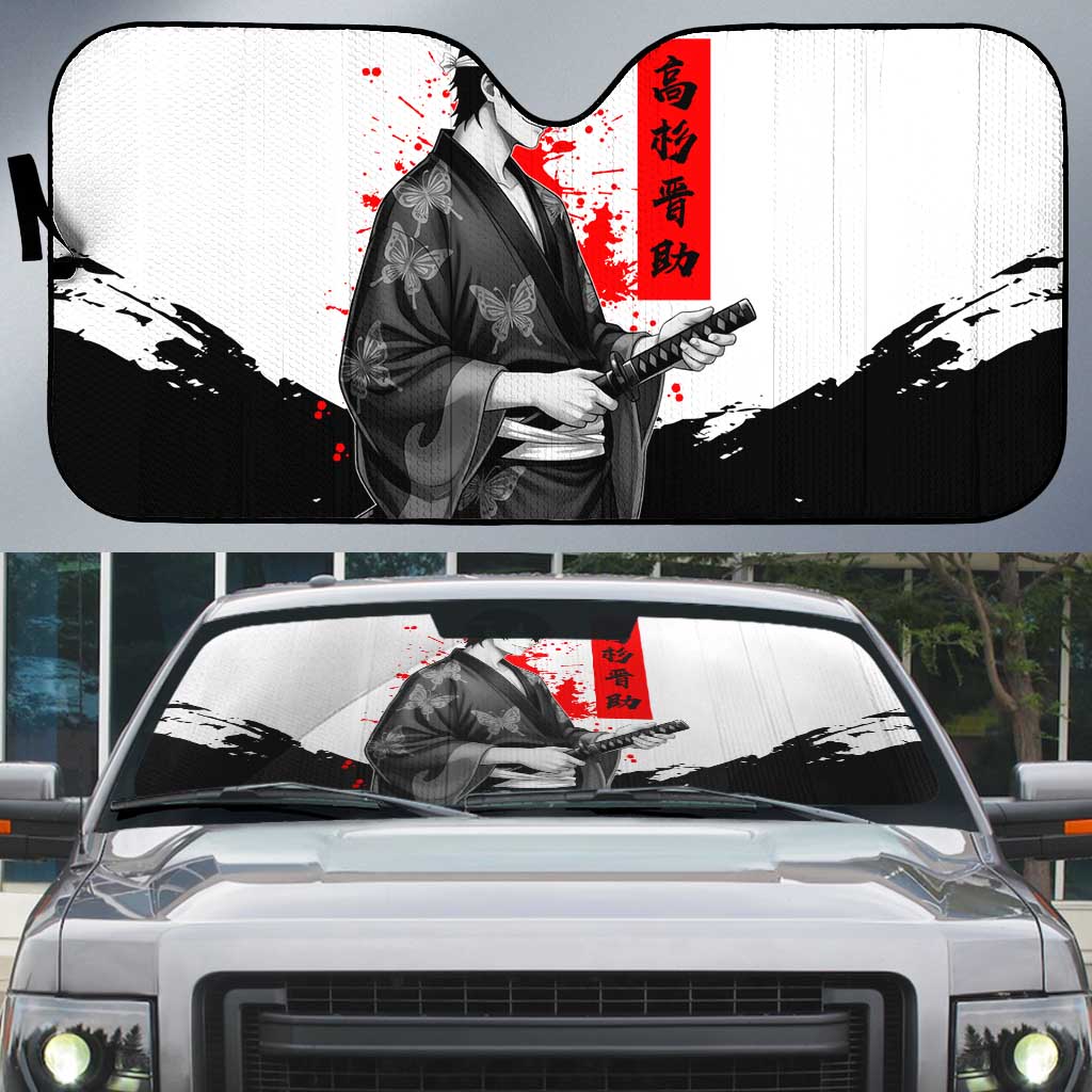 Shinsuke Takasugi Gintama Samurai Design Auto Sun Shade with Katana, Red Calligraphy and Oni Mask Art - The Mazicc