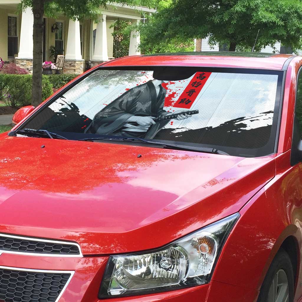 Shinsuke Takasugi Gintama Samurai Design Auto Sun Shade with Katana, Red Calligraphy and Oni Mask Art - The Mazicc