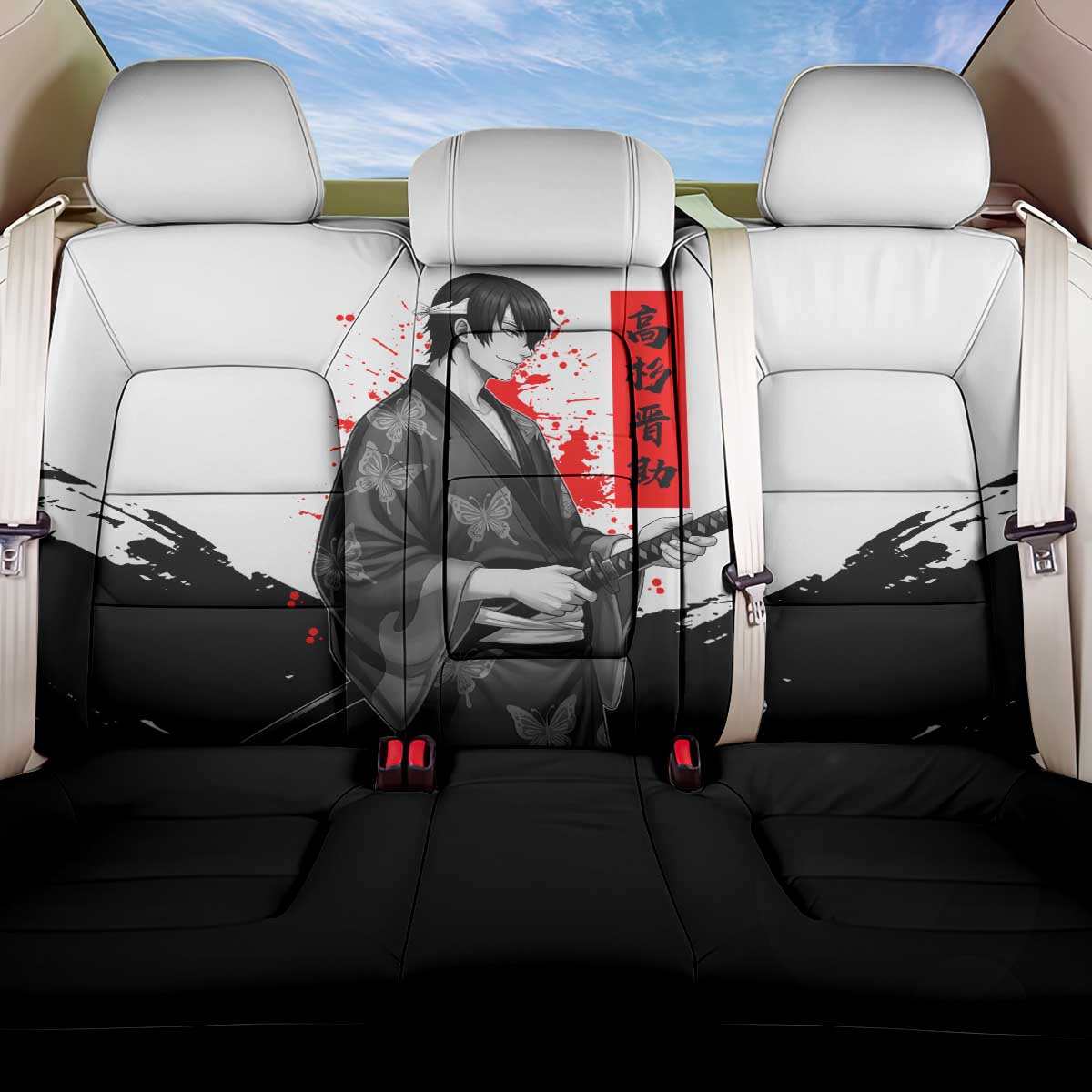 Shinsuke Takasugi Gintama Samurai Design Back Car Seat Cover with Katana, Red Calligraphy and Oni Mask Art - The Mazicc