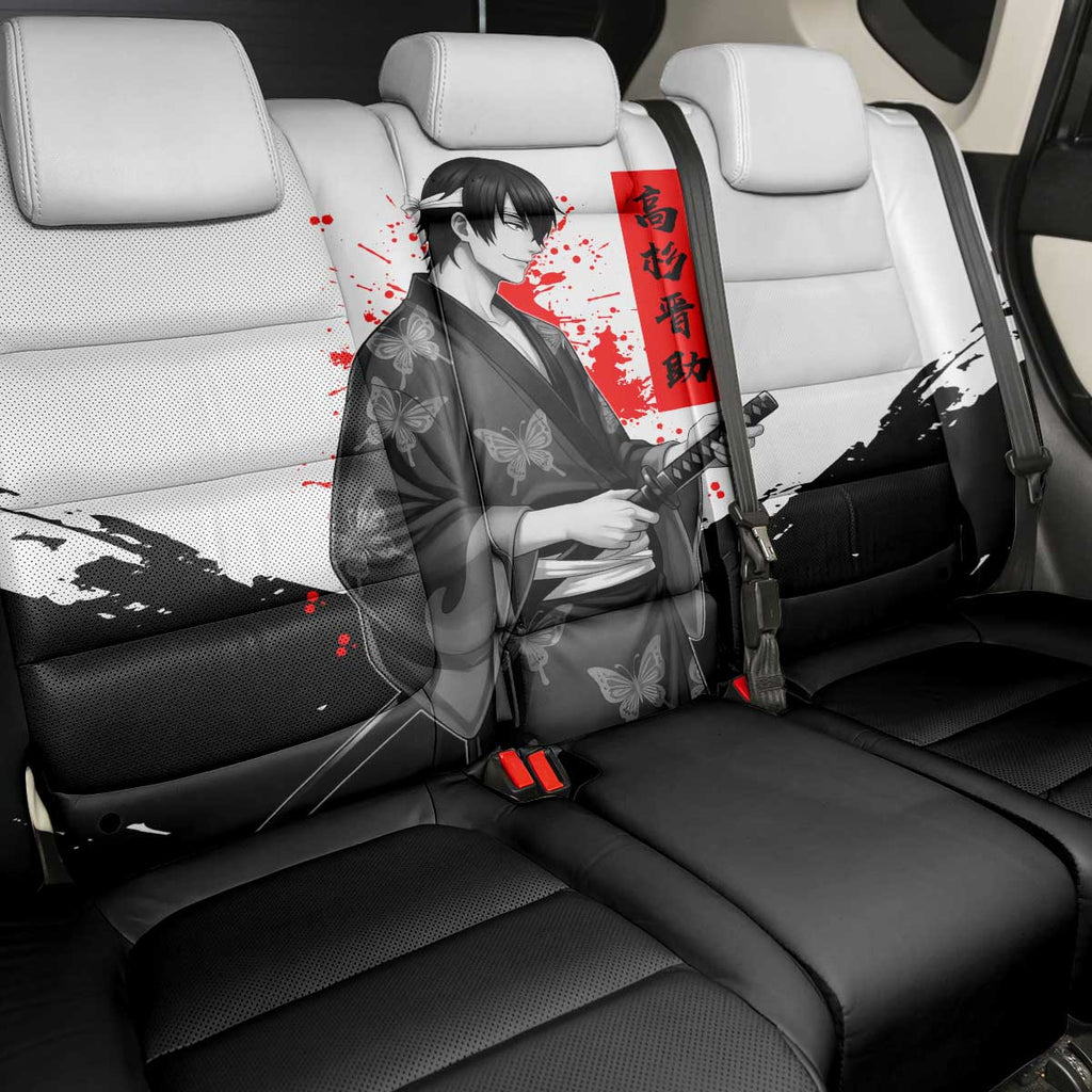 Shinsuke Takasugi Gintama Samurai Design Back Car Seat Cover with Katana, Red Calligraphy and Oni Mask Art - The Mazicc