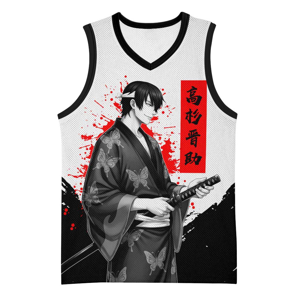 Shinsuke Takasugi Gintama Samurai Design Basketball Jersey with Katana, Red Calligraphy and Oni Mask Art - The Mazicc