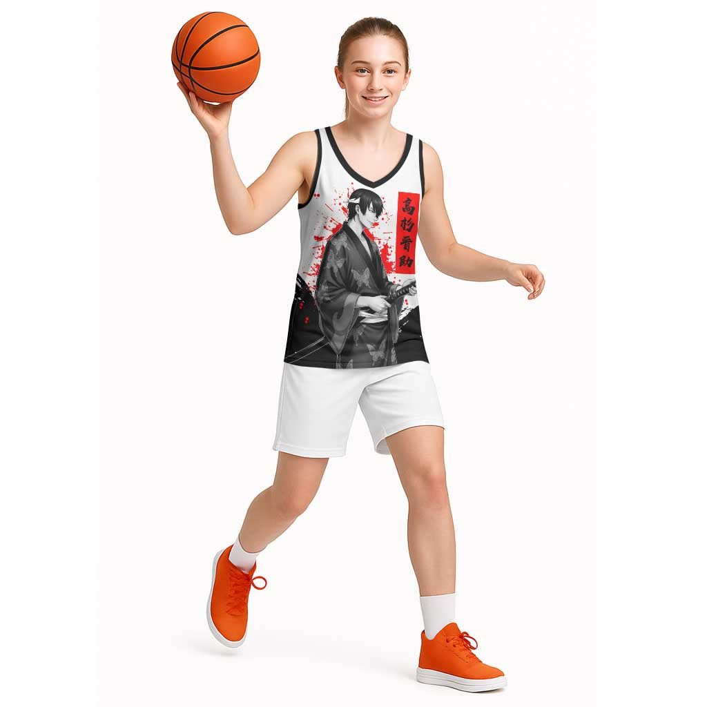 Shinsuke Takasugi Gintama Samurai Design Basketball Jersey with Katana, Red Calligraphy and Oni Mask Art - The Mazicc
