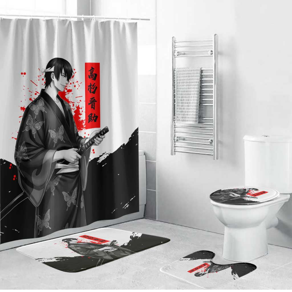 Shinsuke Takasugi Gintama Samurai Design Bathroom Set with Katana, Red Calligraphy and Oni Mask Art - The Mazicc