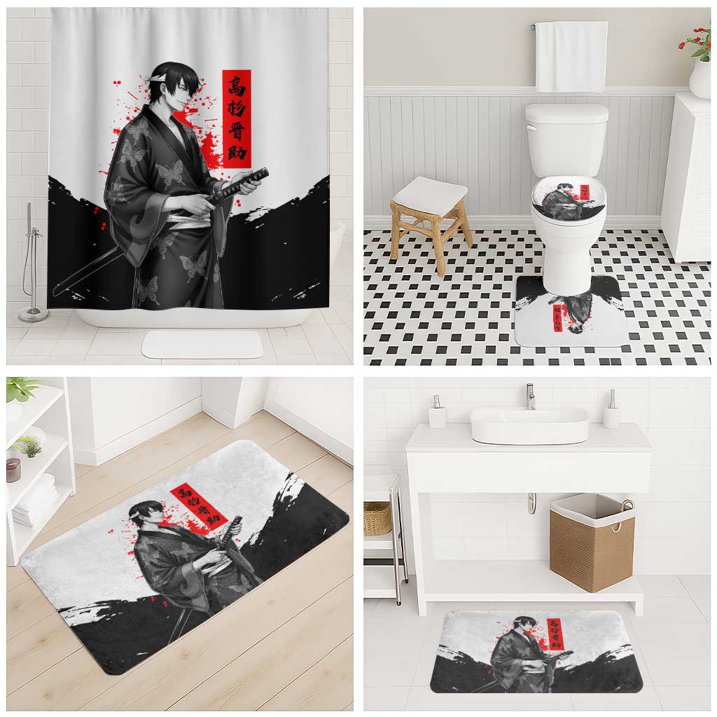 Shinsuke Takasugi Gintama Samurai Design Bathroom Set with Katana, Red Calligraphy and Oni Mask Art - The Mazicc