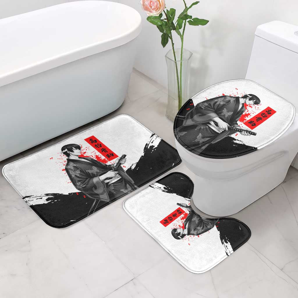 Shinsuke Takasugi Gintama Samurai Design Bathroom Set with Katana, Red Calligraphy and Oni Mask Art - The Mazicc