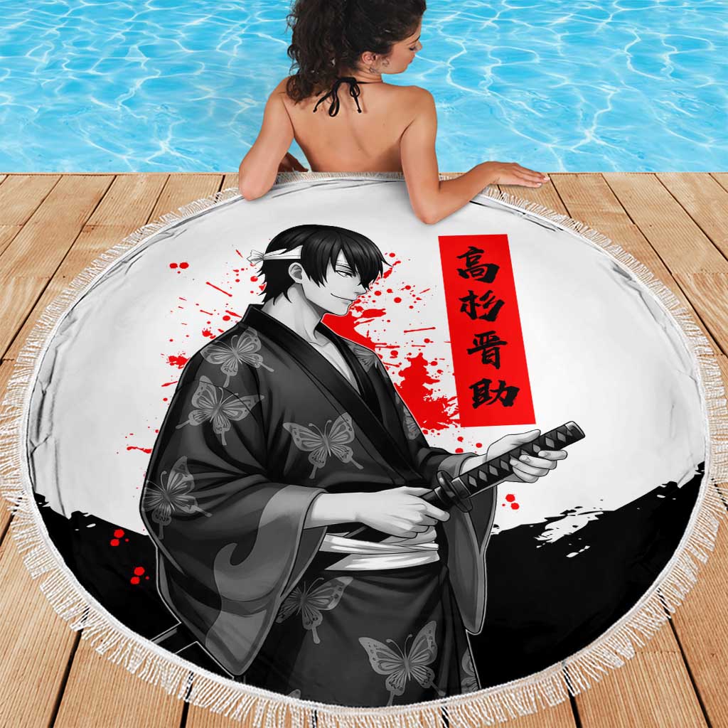 Shinsuke Takasugi Gintama Samurai Design Beach Blanket with Katana, Red Calligraphy and Oni Mask Art - The Mazicc
