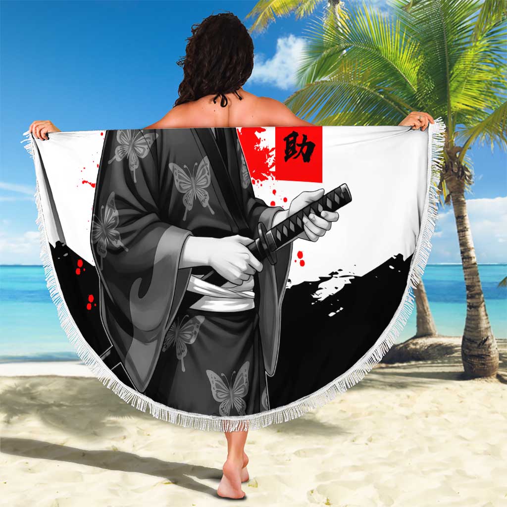 Shinsuke Takasugi Gintama Samurai Design Beach Blanket with Katana, Red Calligraphy and Oni Mask Art - The Mazicc