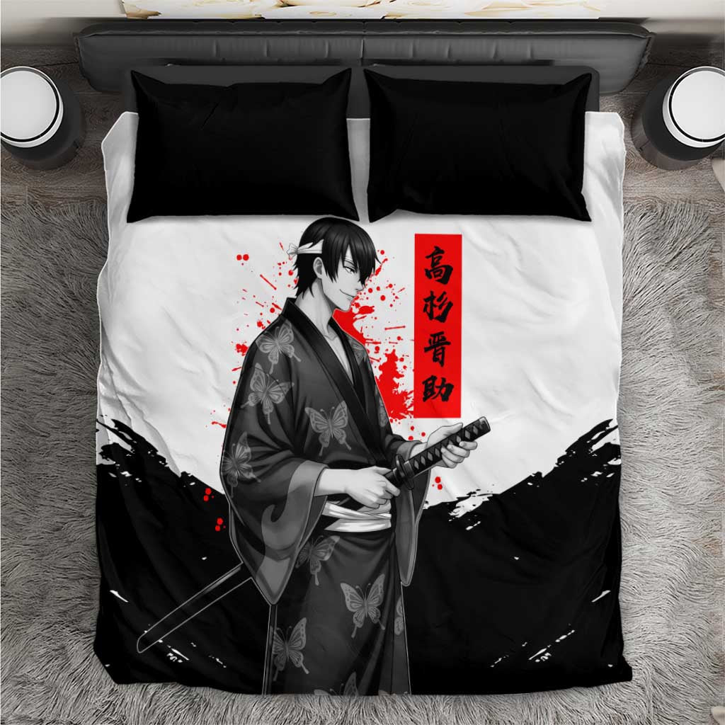 Shinsuke Takasugi Gintama Samurai Design Bedding Set with Katana, Red Calligraphy and Oni Mask Art - The Mazicc