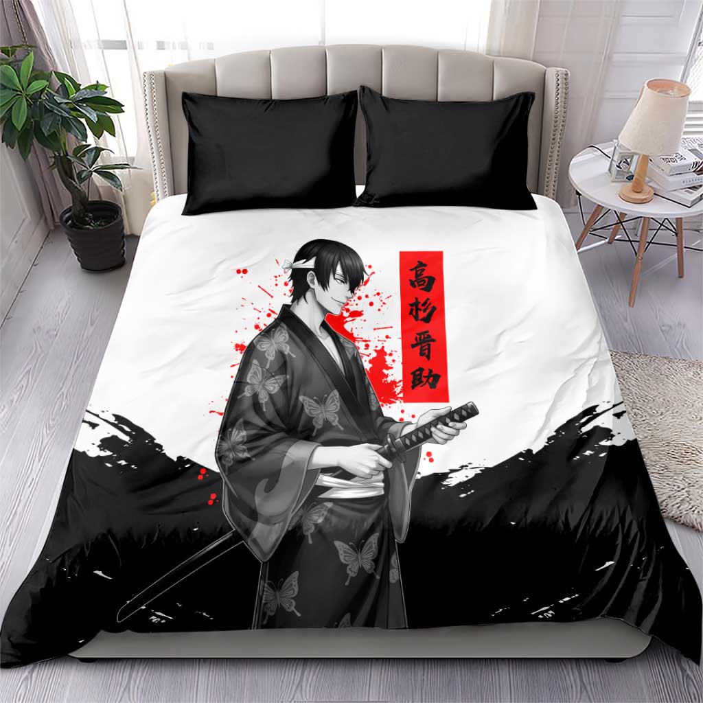 Shinsuke Takasugi Gintama Samurai Design Bedding Set with Katana, Red Calligraphy and Oni Mask Art - The Mazicc