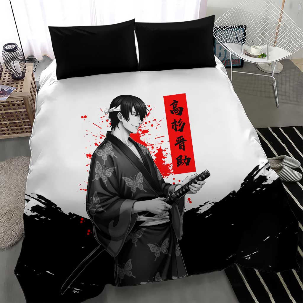Shinsuke Takasugi Gintama Samurai Design Bedding Set with Katana, Red Calligraphy and Oni Mask Art - The Mazicc