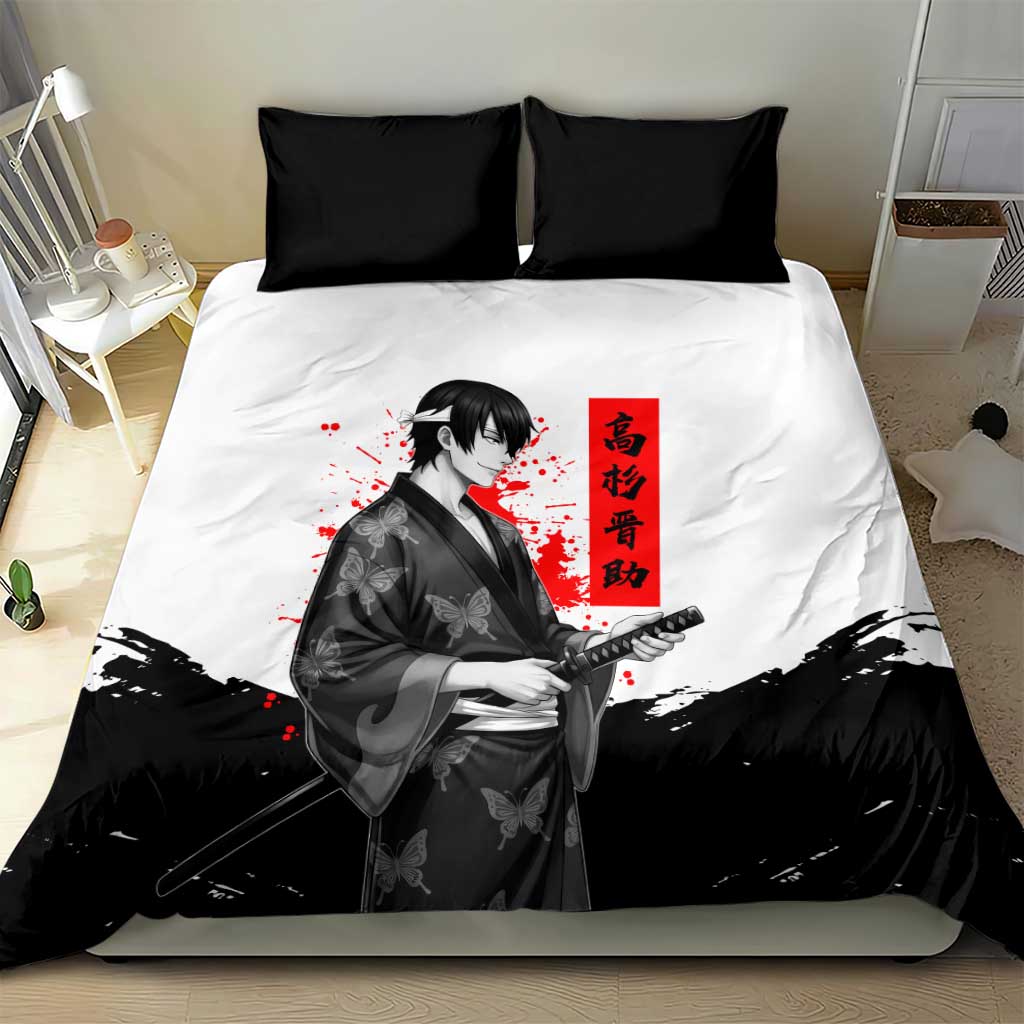 Shinsuke Takasugi Gintama Samurai Design Bedding Set with Katana, Red Calligraphy and Oni Mask Art - The Mazicc