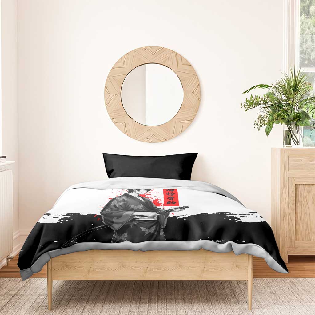 Shinsuke Takasugi Gintama Samurai Design Bedding Set with Katana, Red Calligraphy and Oni Mask Art - The Mazicc