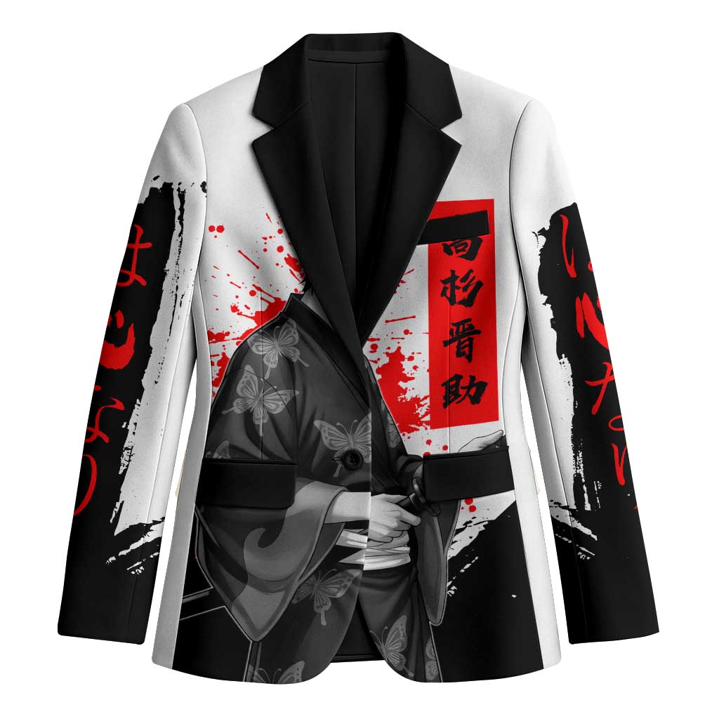Shinsuke Takasugi Gintama Samurai Design Blazer with Katana, Red Calligraphy and Oni Mask Art - The Mazicc