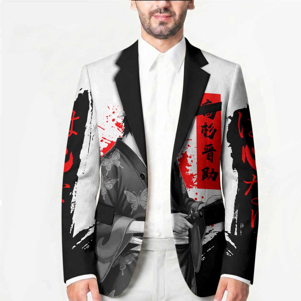 Shinsuke Takasugi Gintama Samurai Design Blazer with Katana, Red Calligraphy and Oni Mask Art - The Mazicc
