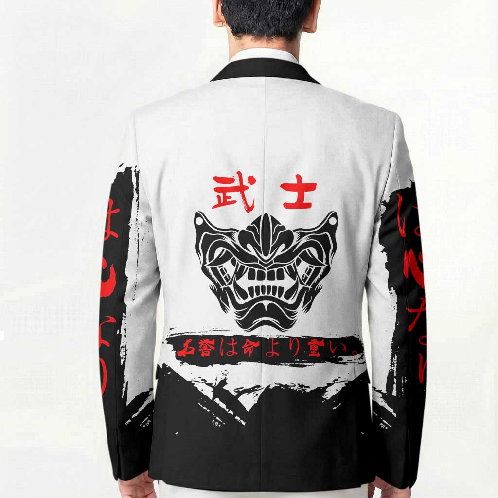 Shinsuke Takasugi Gintama Samurai Design Blazer with Katana, Red Calligraphy and Oni Mask Art - The Mazicc