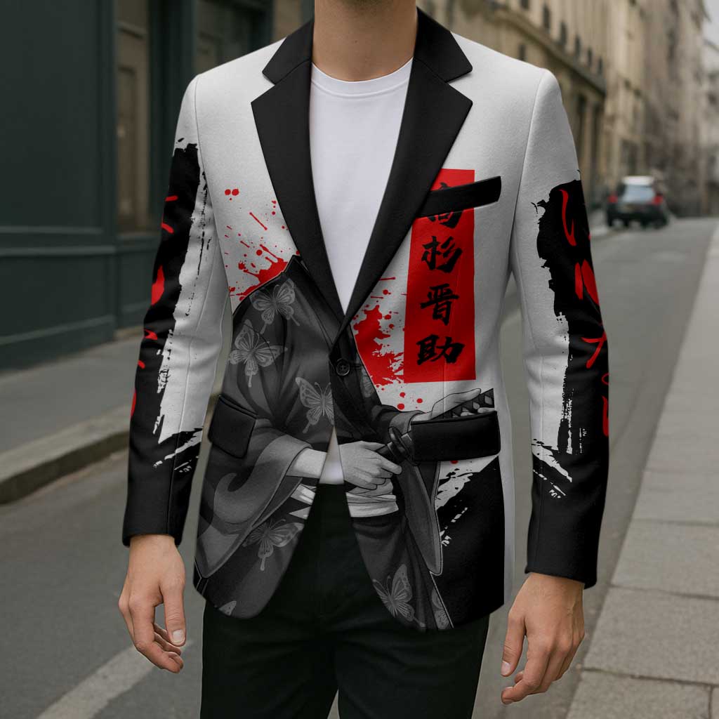 Shinsuke Takasugi Gintama Samurai Design Blazer with Katana, Red Calligraphy and Oni Mask Art - The Mazicc