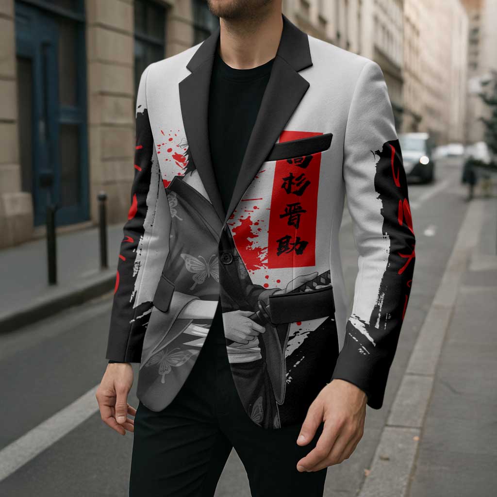Shinsuke Takasugi Gintama Samurai Design Blazer with Katana, Red Calligraphy and Oni Mask Art - The Mazicc