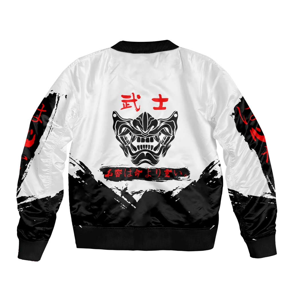 Shinsuke Takasugi Gintama Samurai Design Bomber Jacket with Katana, Red Calligraphy and Oni Mask Art - The Mazicc