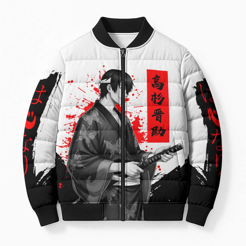Shinsuke Takasugi Gintama Samurai Design Bomber Puffer Jacket with Katana, Red Calligraphy and Oni Mask Art - The Mazicc
