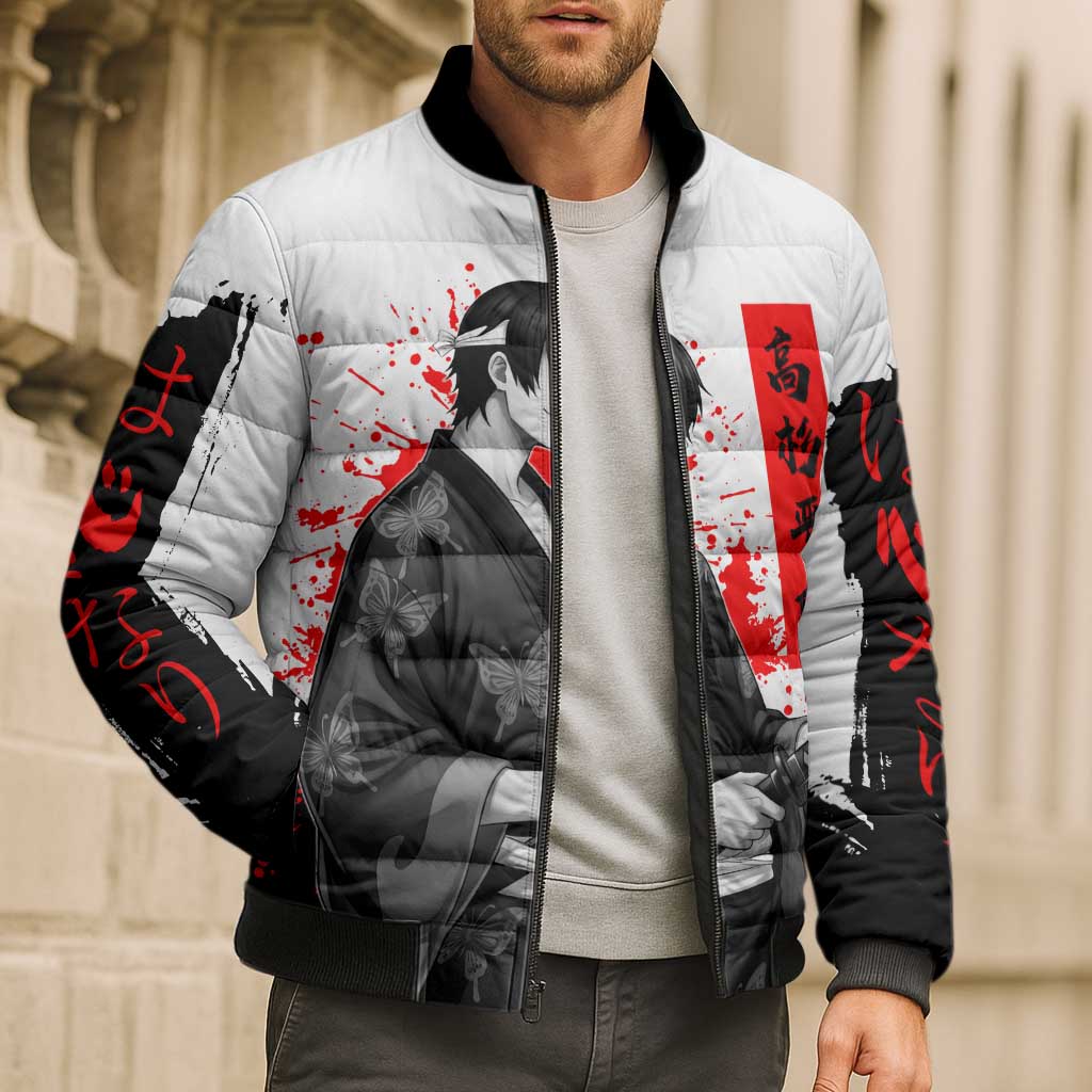 Shinsuke Takasugi Gintama Samurai Design Bomber Puffer Jacket with Katana, Red Calligraphy and Oni Mask Art - The Mazicc