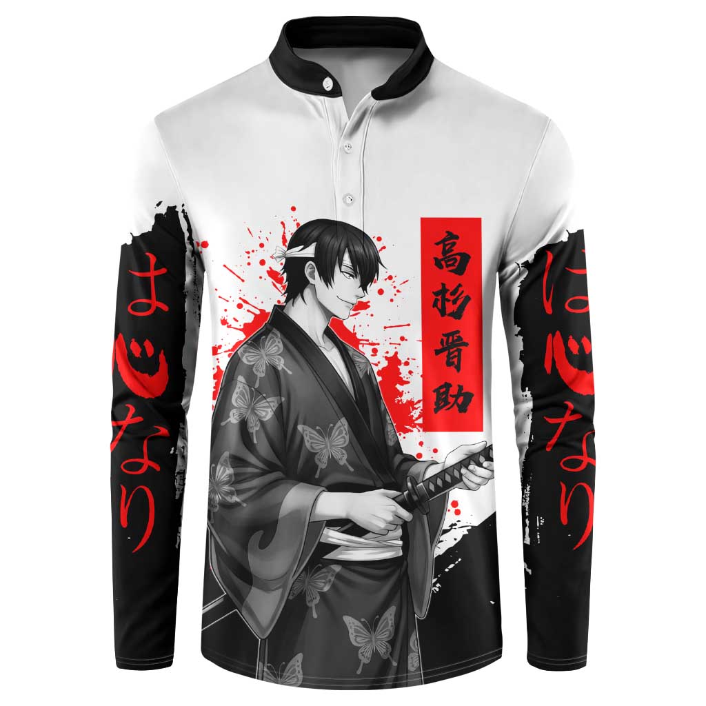 Shinsuke Takasugi Gintama Samurai Design Button Sweatshirt with Katana, Red Calligraphy and Oni Mask Art - The Mazicc