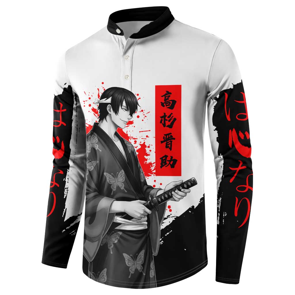 Shinsuke Takasugi Gintama Samurai Design Button Sweatshirt with Katana, Red Calligraphy and Oni Mask Art - The Mazicc