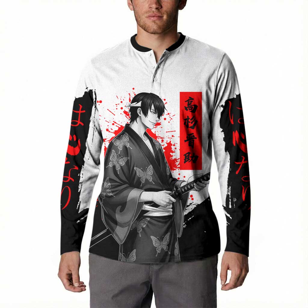 Shinsuke Takasugi Gintama Samurai Design Button Sweatshirt with Katana, Red Calligraphy and Oni Mask Art - The Mazicc