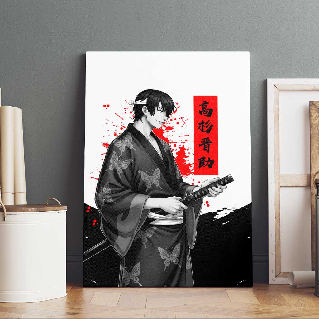 Shinsuke Takasugi Gintama Samurai Design Canvas Wall Art with Katana, Red Calligraphy and Oni Mask Art - The Mazicc