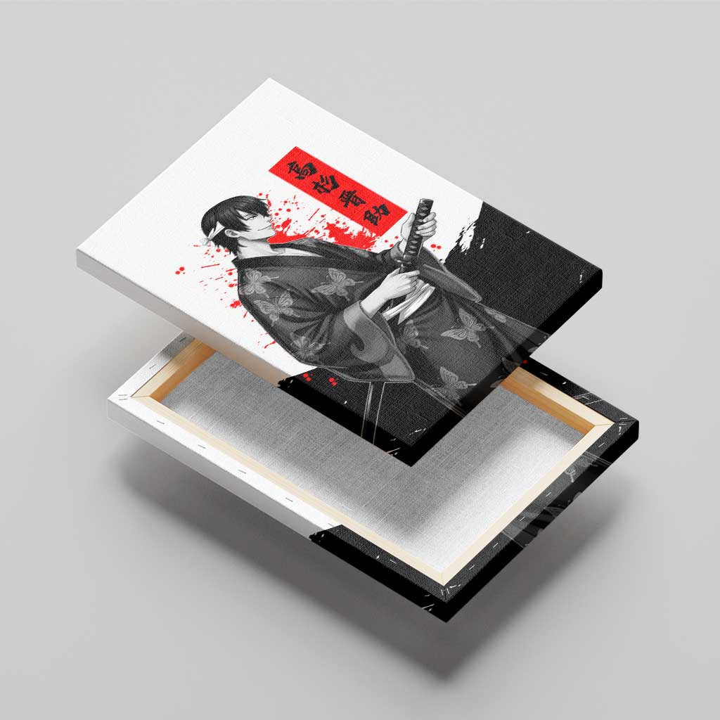 Shinsuke Takasugi Gintama Samurai Design Canvas Wall Art with Katana, Red Calligraphy and Oni Mask Art - The Mazicc