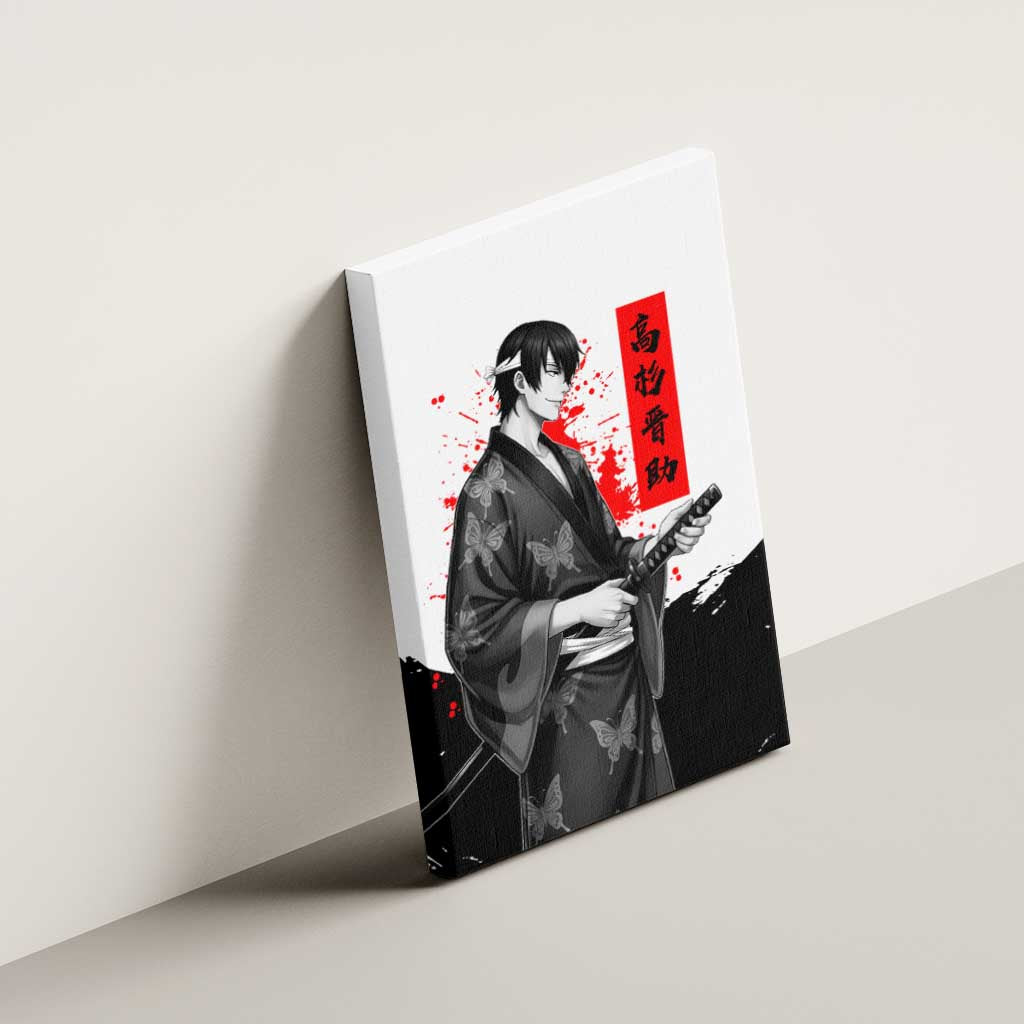 Shinsuke Takasugi Gintama Samurai Design Canvas Wall Art with Katana, Red Calligraphy and Oni Mask Art - The Mazicc