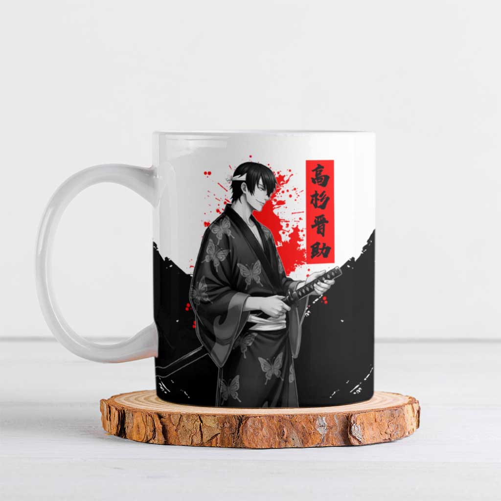Shinsuke Takasugi Gintama Samurai Design Ceramic Mug with Katana, Red Calligraphy and Oni Mask Art - The Mazicc