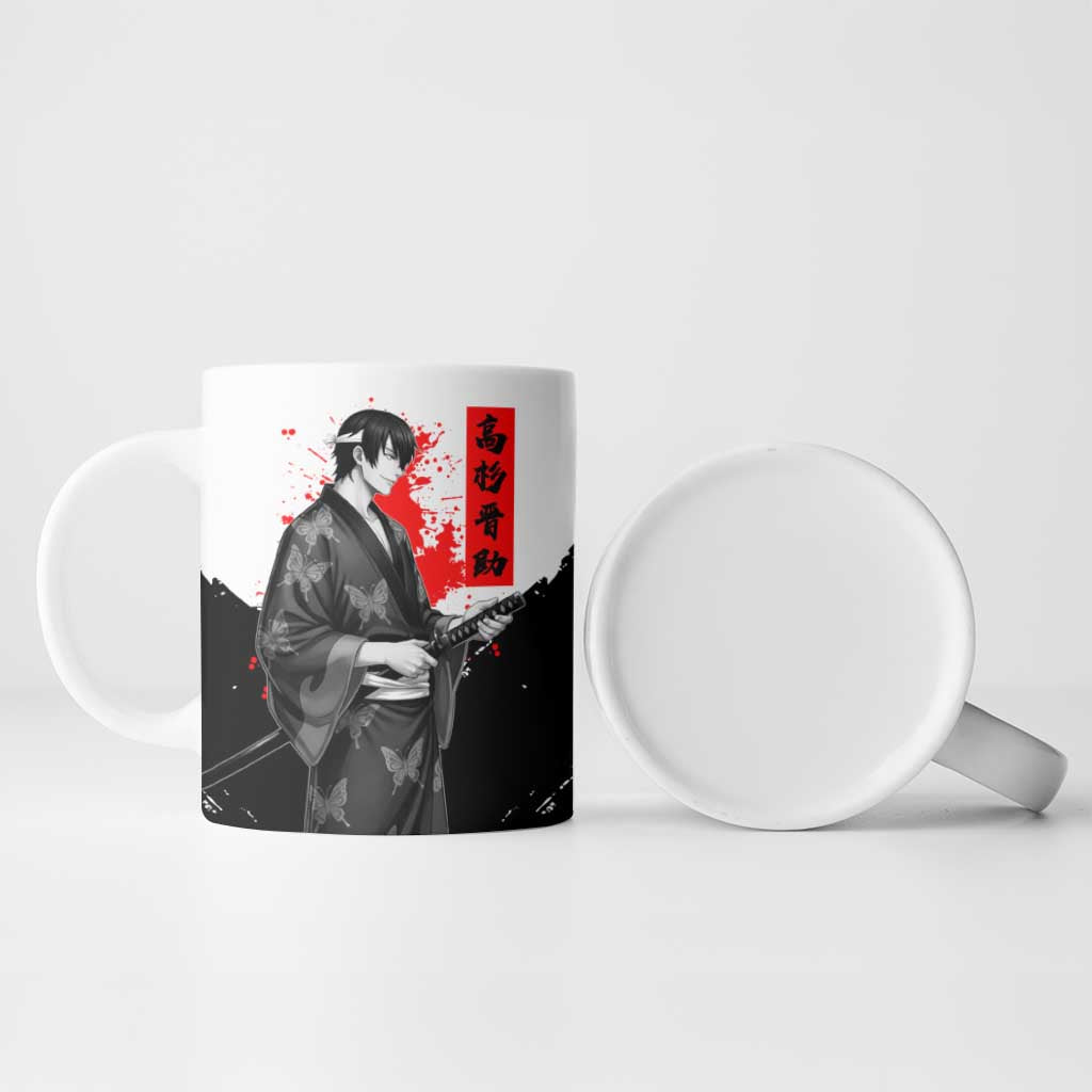 Shinsuke Takasugi Gintama Samurai Design Ceramic Mug with Katana, Red Calligraphy and Oni Mask Art - The Mazicc
