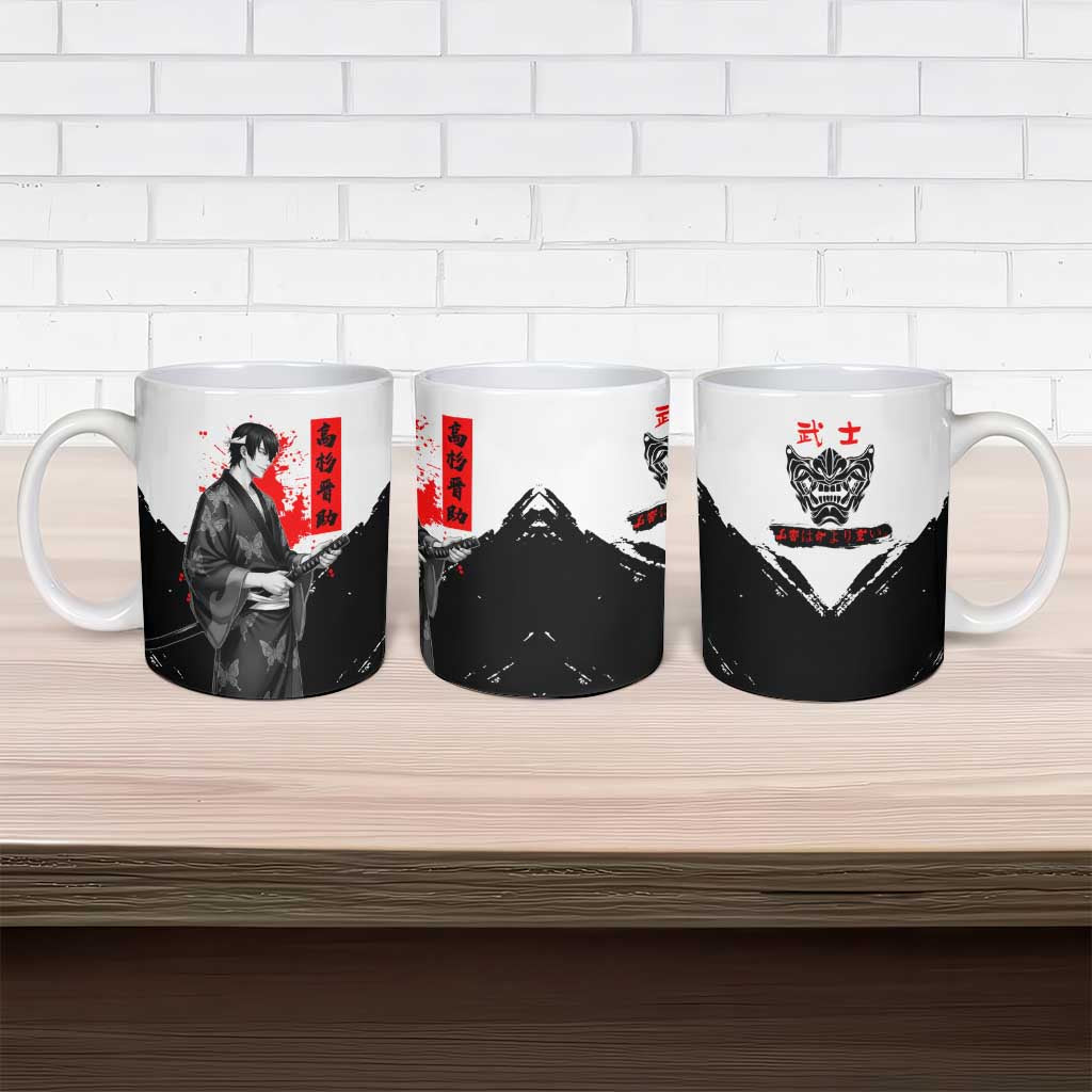 Shinsuke Takasugi Gintama Samurai Design Ceramic Mug with Katana, Red Calligraphy and Oni Mask Art - The Mazicc