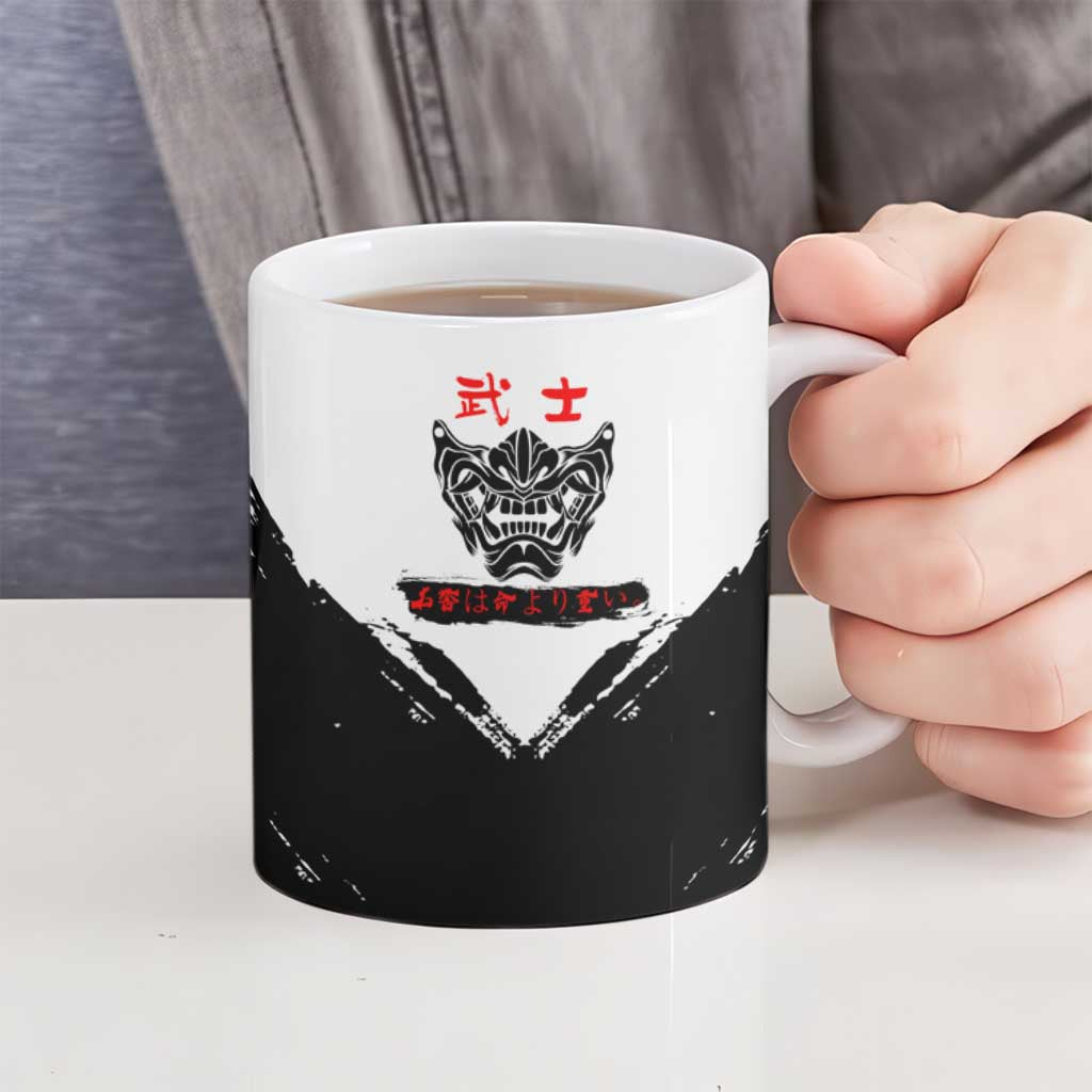Shinsuke Takasugi Gintama Samurai Design Ceramic Mug with Katana, Red Calligraphy and Oni Mask Art - The Mazicc