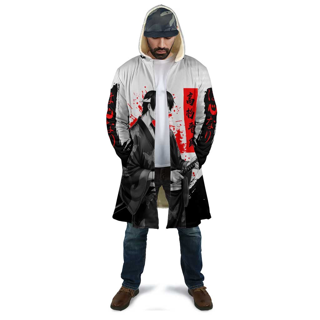 Shinsuke Takasugi Gintama Samurai Design Cloak with Katana, Red Calligraphy and Oni Mask Art - The Mazicc