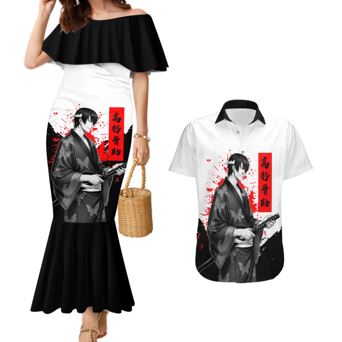 Shinsuke Takasugi Gintama Samurai Design Couples Matching Mermaid Dress and Hawaiian Shirt with Katana, Red Calligraphy and Oni Mask Art - The Mazicc