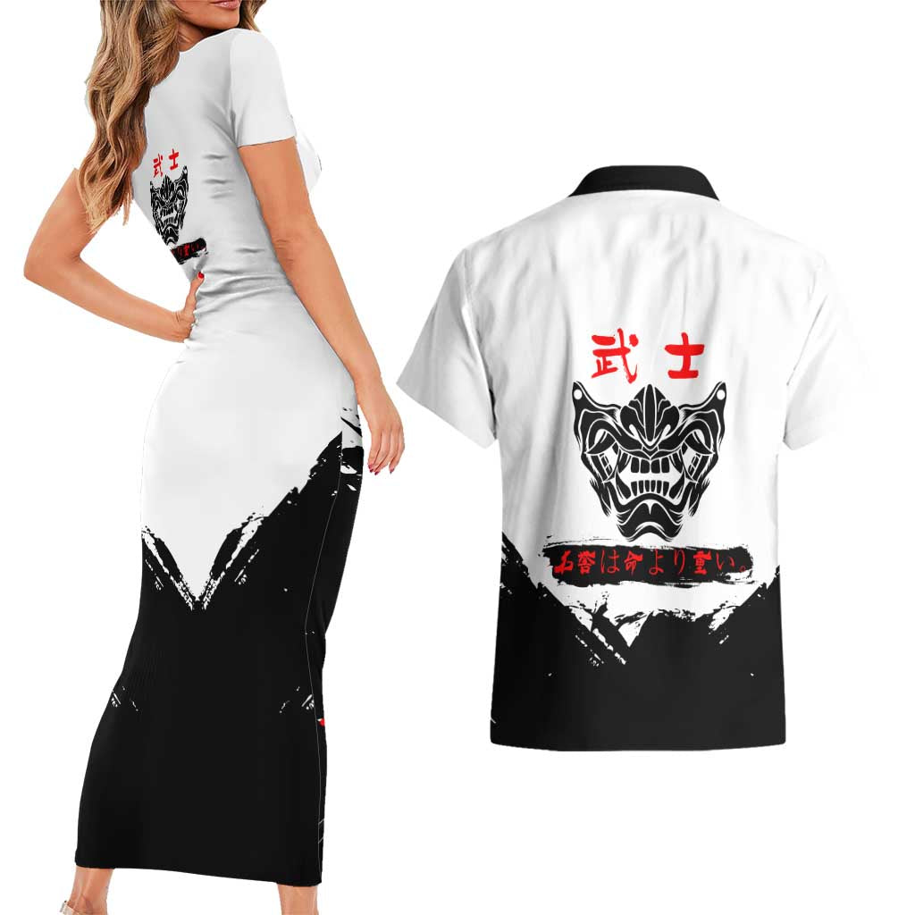 Shinsuke Takasugi Gintama Samurai Design Couples Matching Short Sleeve Bodycon Dress and Hawaiian Shirt with Katana, Red Calligraphy and Oni Mask Art - The Mazicc