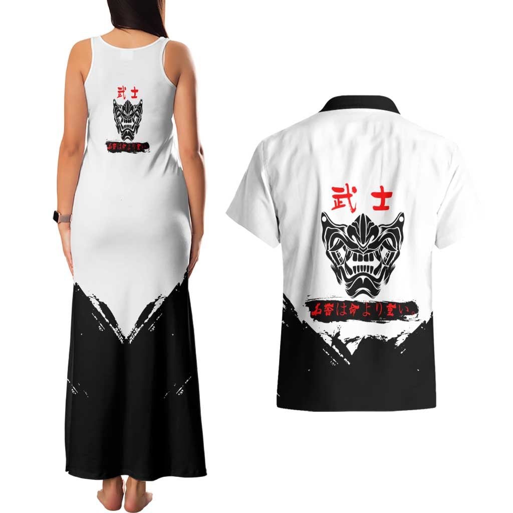 Shinsuke Takasugi Gintama Samurai Design Couples Matching Tank Maxi Dress and Hawaiian Shirt with Katana, Red Calligraphy and Oni Mask Art - The Mazicc