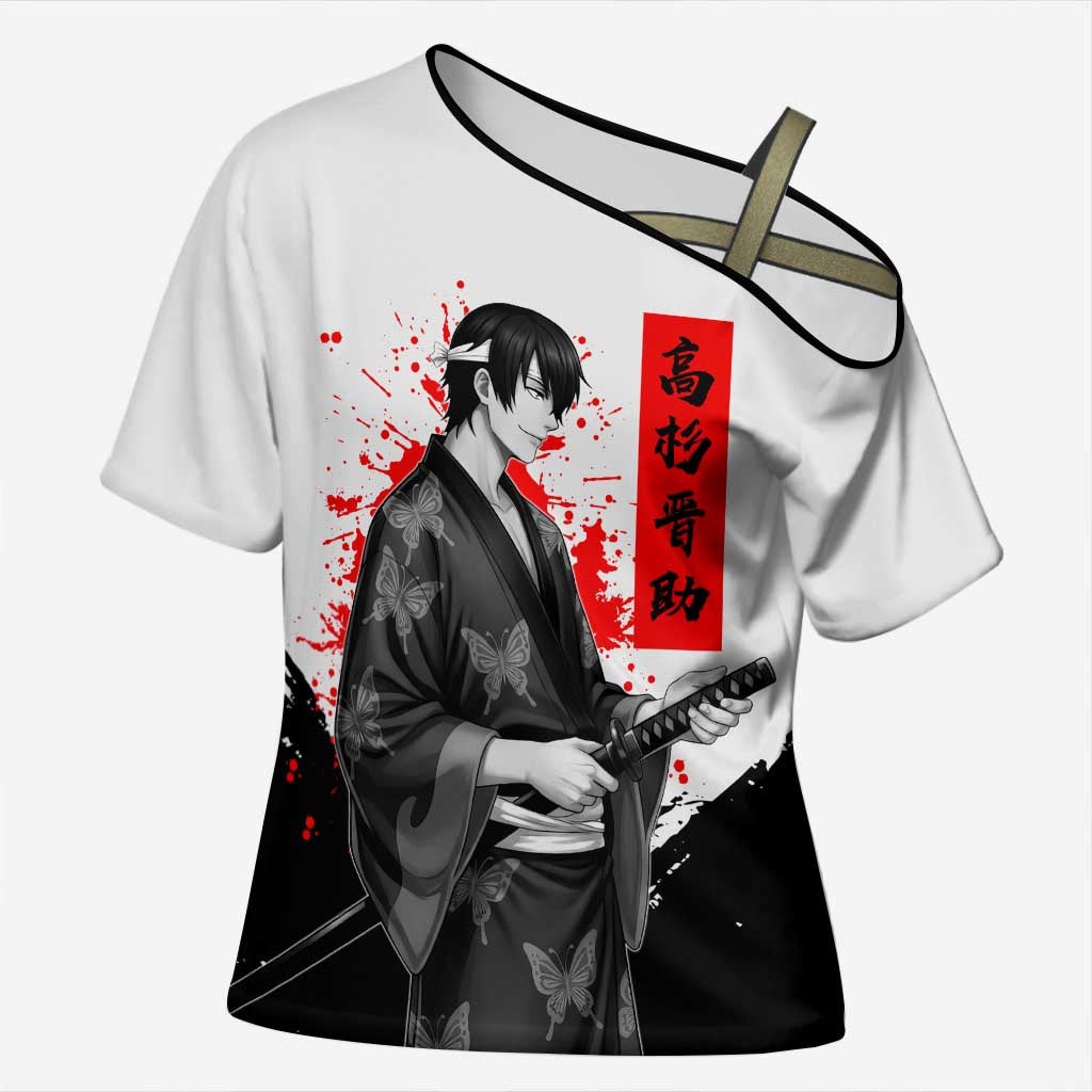 Shinsuke Takasugi Gintama Samurai Design Cross Shoulder Shirt with Katana, Red Calligraphy and Oni Mask Art - The Mazicc