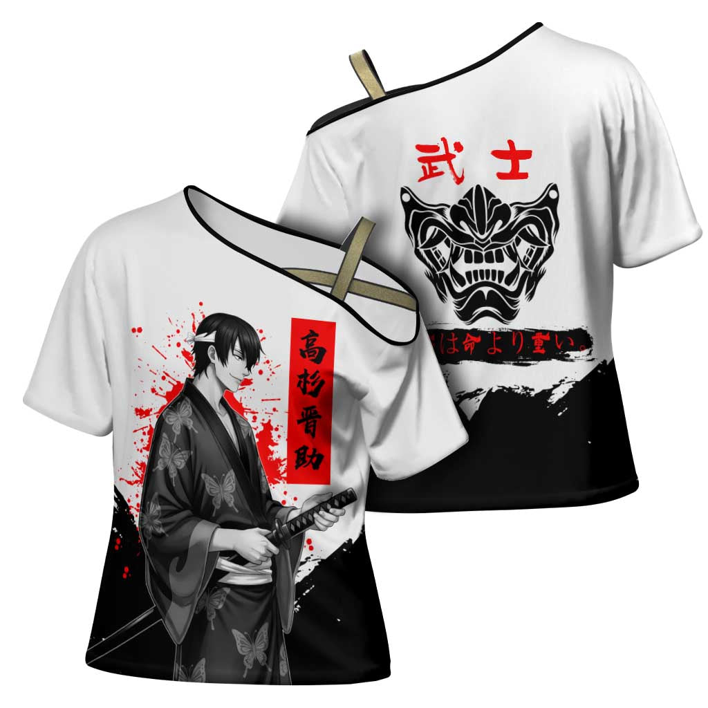 Shinsuke Takasugi Gintama Samurai Design Cross Shoulder Shirt with Katana, Red Calligraphy and Oni Mask Art - The Mazicc