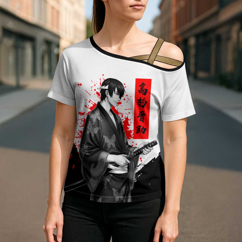 Shinsuke Takasugi Gintama Samurai Design Cross Shoulder Shirt with Katana, Red Calligraphy and Oni Mask Art - The Mazicc