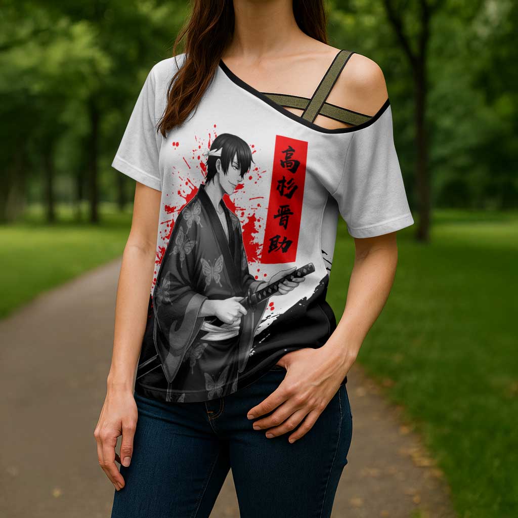 Shinsuke Takasugi Gintama Samurai Design Cross Shoulder Shirt with Katana, Red Calligraphy and Oni Mask Art - The Mazicc