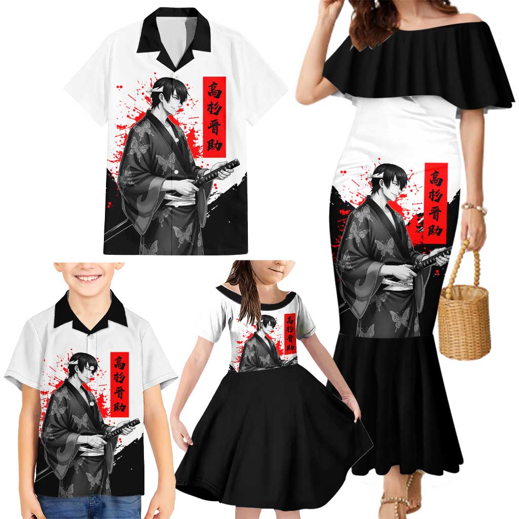 Shinsuke Takasugi Gintama Samurai Design Family Matching Mermaid Dress and Hawaiian Shirt with Katana, Red Calligraphy and Oni Mask Art