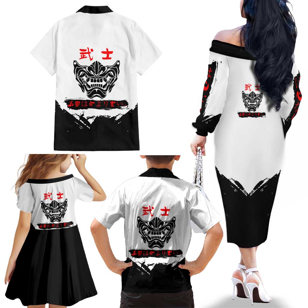 Shinsuke Takasugi Gintama Samurai Design Family Matching Off The Shoulder Long Sleeve Dress and Hawaiian Shirt with Katana, Red Calligraphy and Oni Mask Art