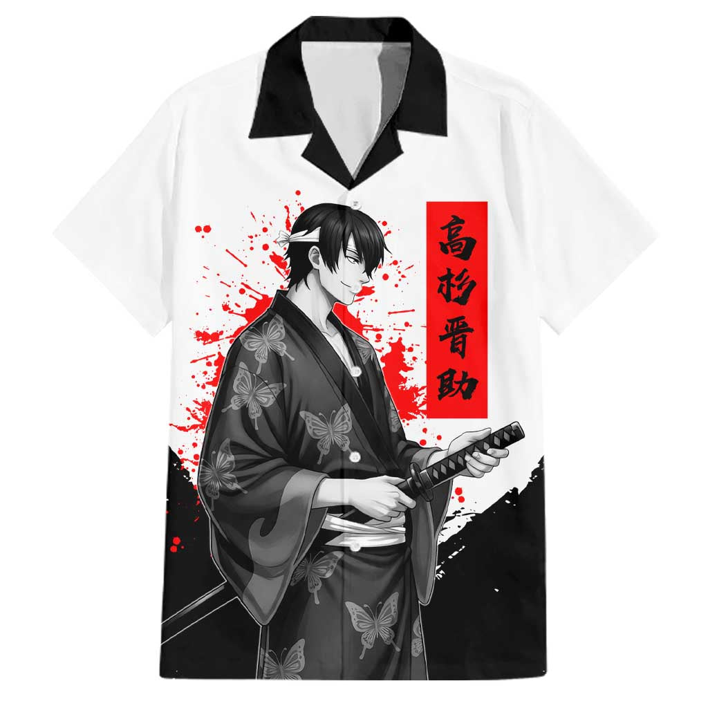 Shinsuke Takasugi Gintama Samurai Design Family Matching Off The Shoulder Long Sleeve Dress and Hawaiian Shirt with Katana, Red Calligraphy and Oni Mask Art