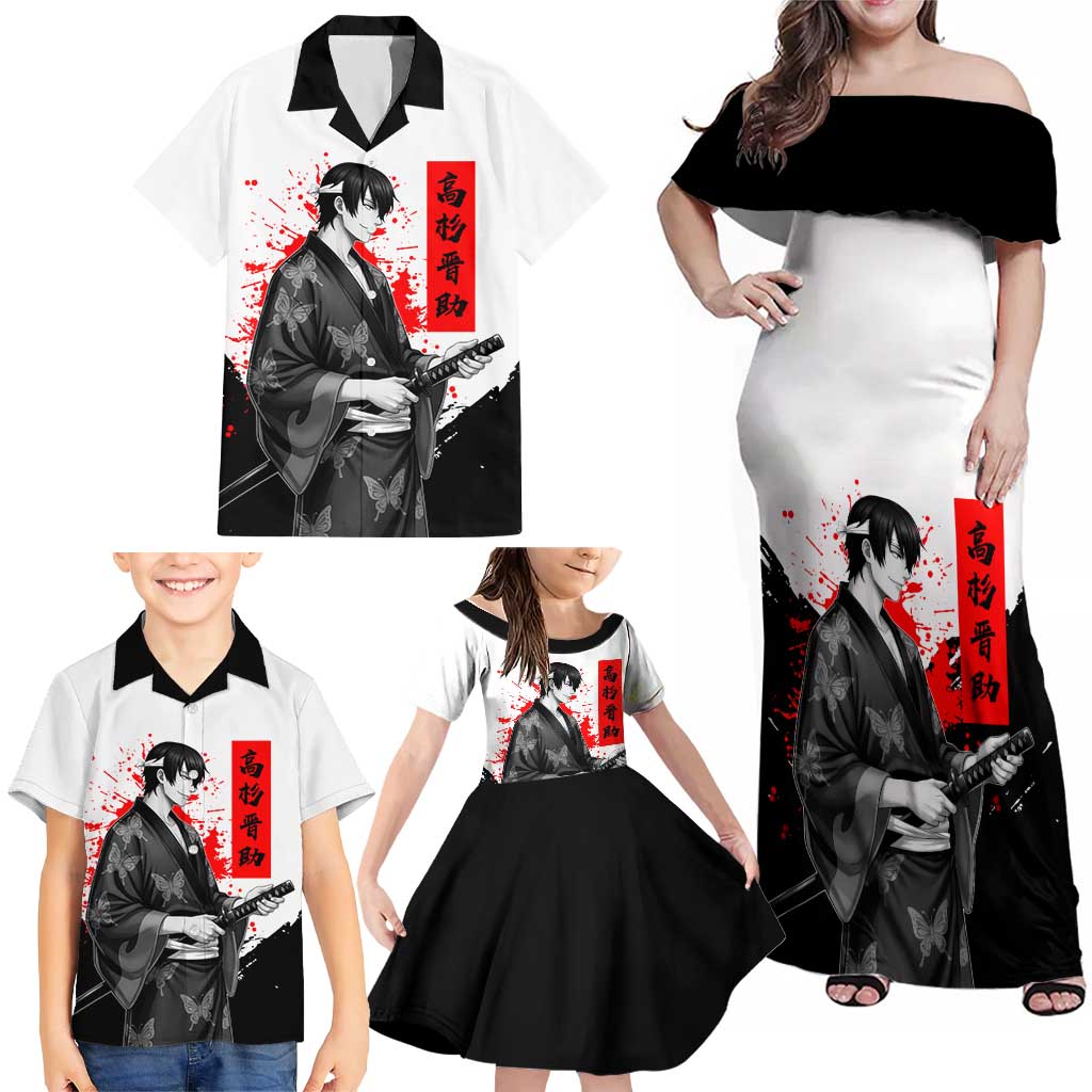 Shinsuke Takasugi Gintama Samurai Design Family Matching Off Shoulder Maxi Dress and Hawaiian Shirt with Katana, Red Calligraphy and Oni Mask Art