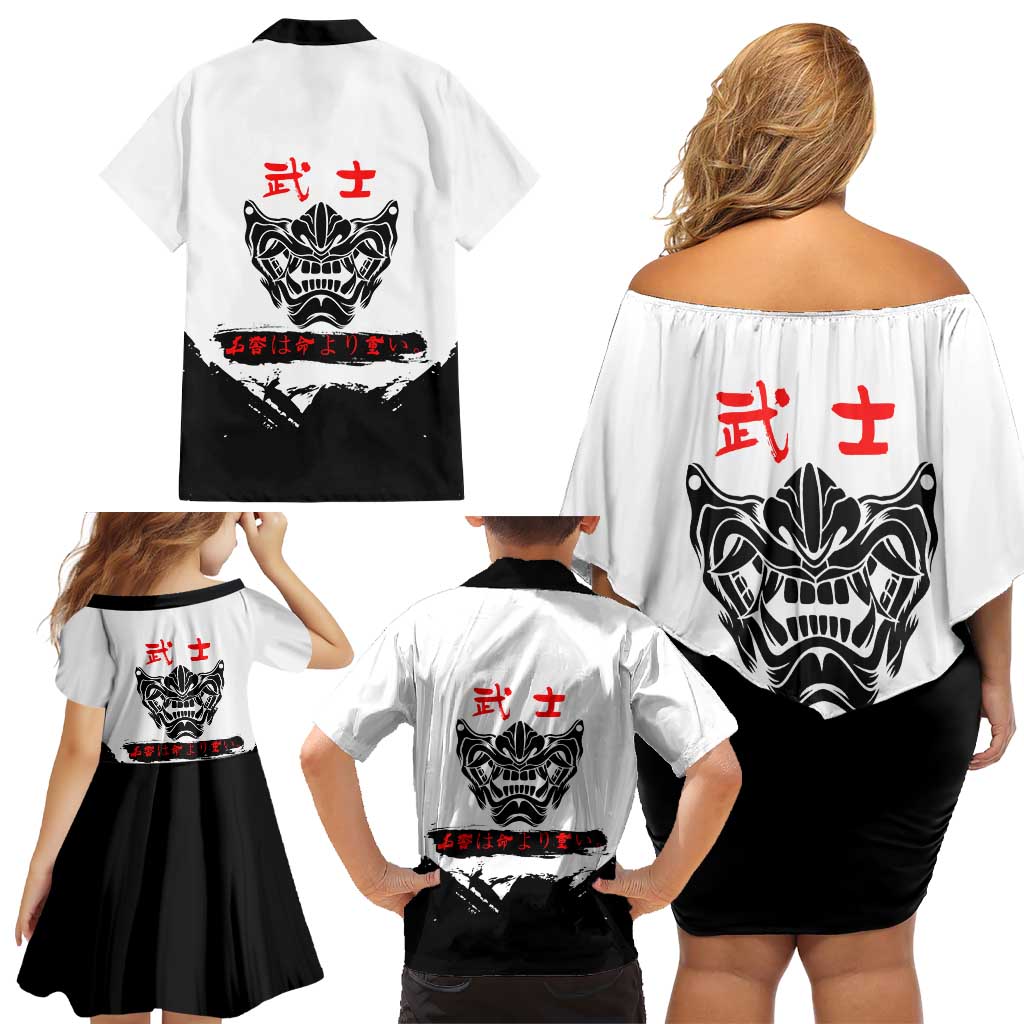 Shinsuke Takasugi Gintama Samurai Design Family Matching Off Shoulder Short Dress and Hawaiian Shirt with Katana, Red Calligraphy and Oni Mask Art