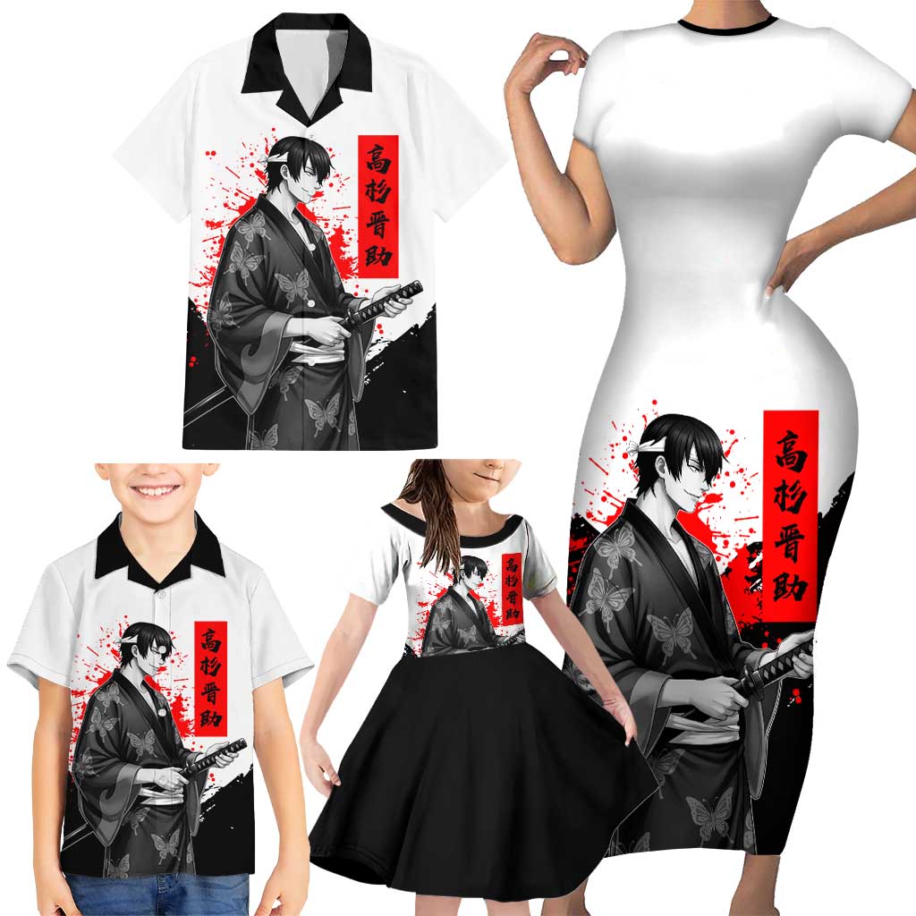Shinsuke Takasugi Gintama Samurai Design Family Matching Short Sleeve Bodycon Dress and Hawaiian Shirt with Katana, Red Calligraphy and Oni Mask Art