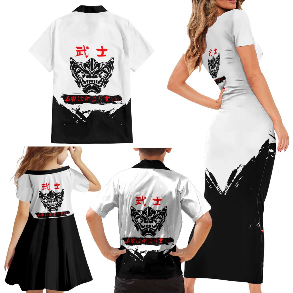 Shinsuke Takasugi Gintama Samurai Design Family Matching Short Sleeve Bodycon Dress and Hawaiian Shirt with Katana, Red Calligraphy and Oni Mask Art